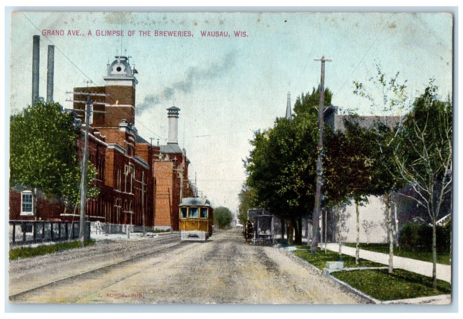 1909 Grand Ave Glimpse Breweries Streetcar Wausau Wisconsin WI Unposted Postcard