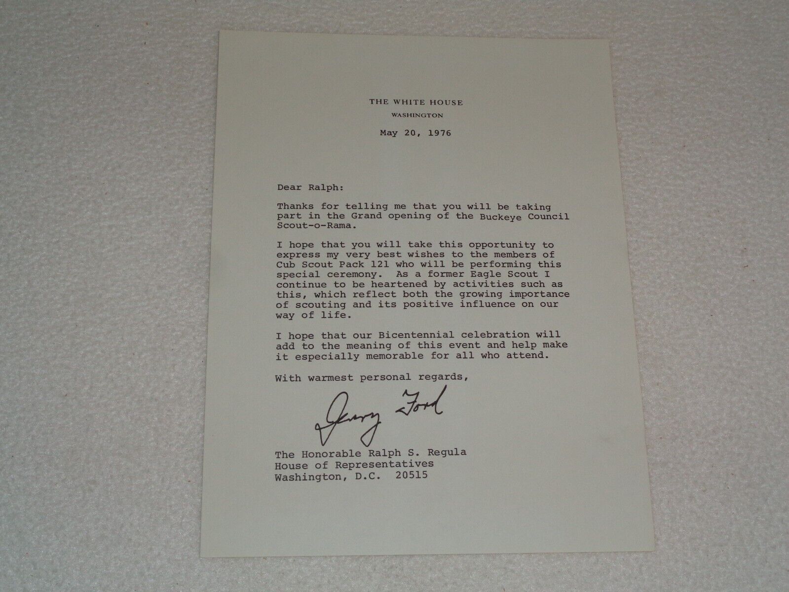 1976 President Jerry Ford SIGNED Letter Cub Scouts Boy Scouts White House Rare