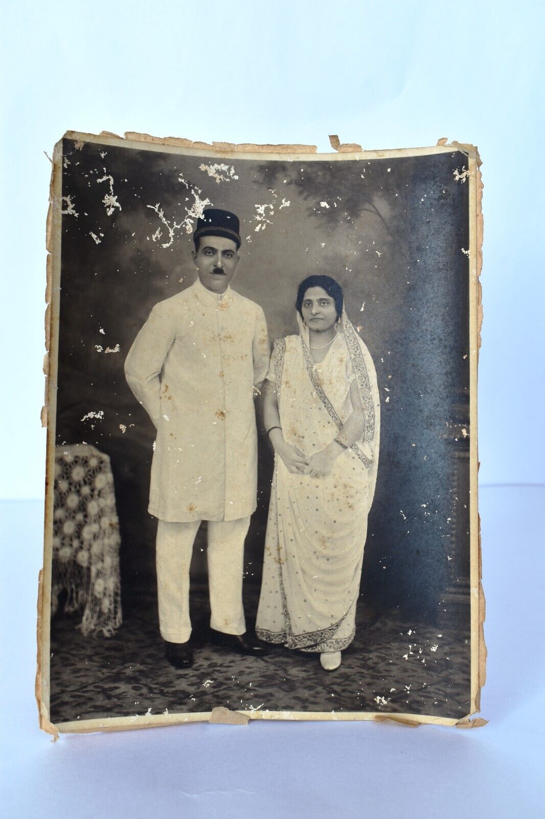 Antique Photograph Indian Parsis Parsees Couple Toothbrush Moustache Gara Sari \