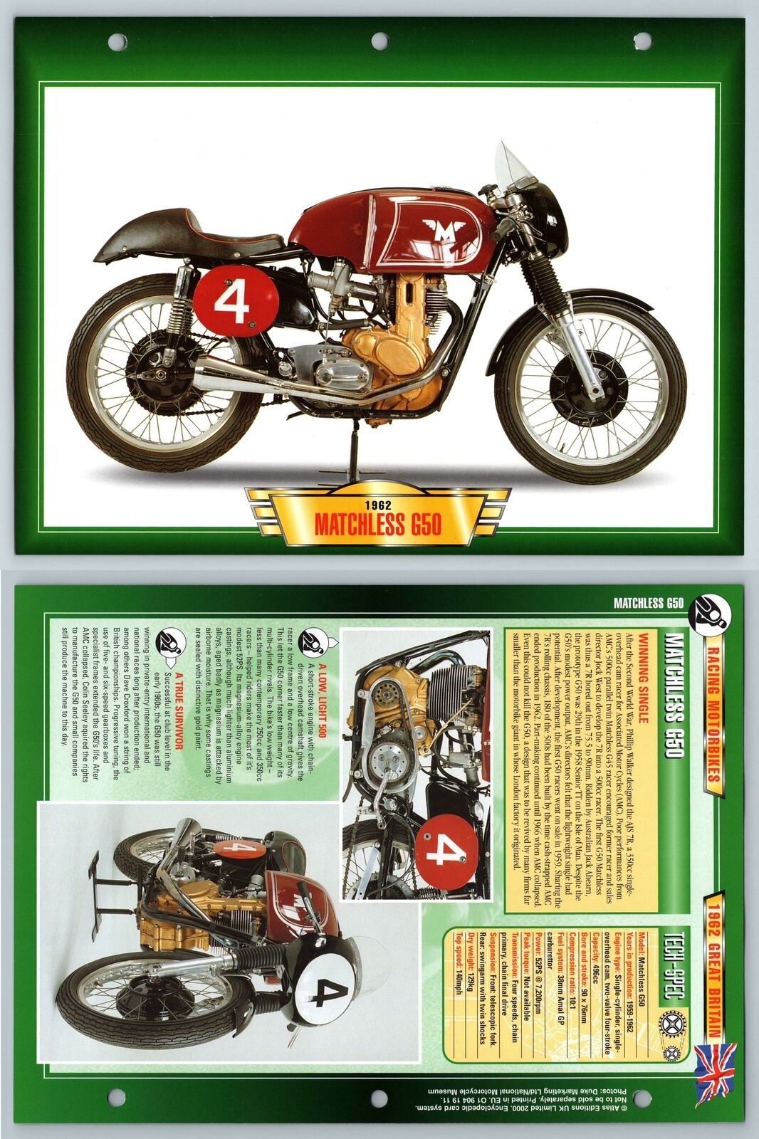 Matchless G50 - 1962 - Racing - Atlas Motorbike Fact File Card