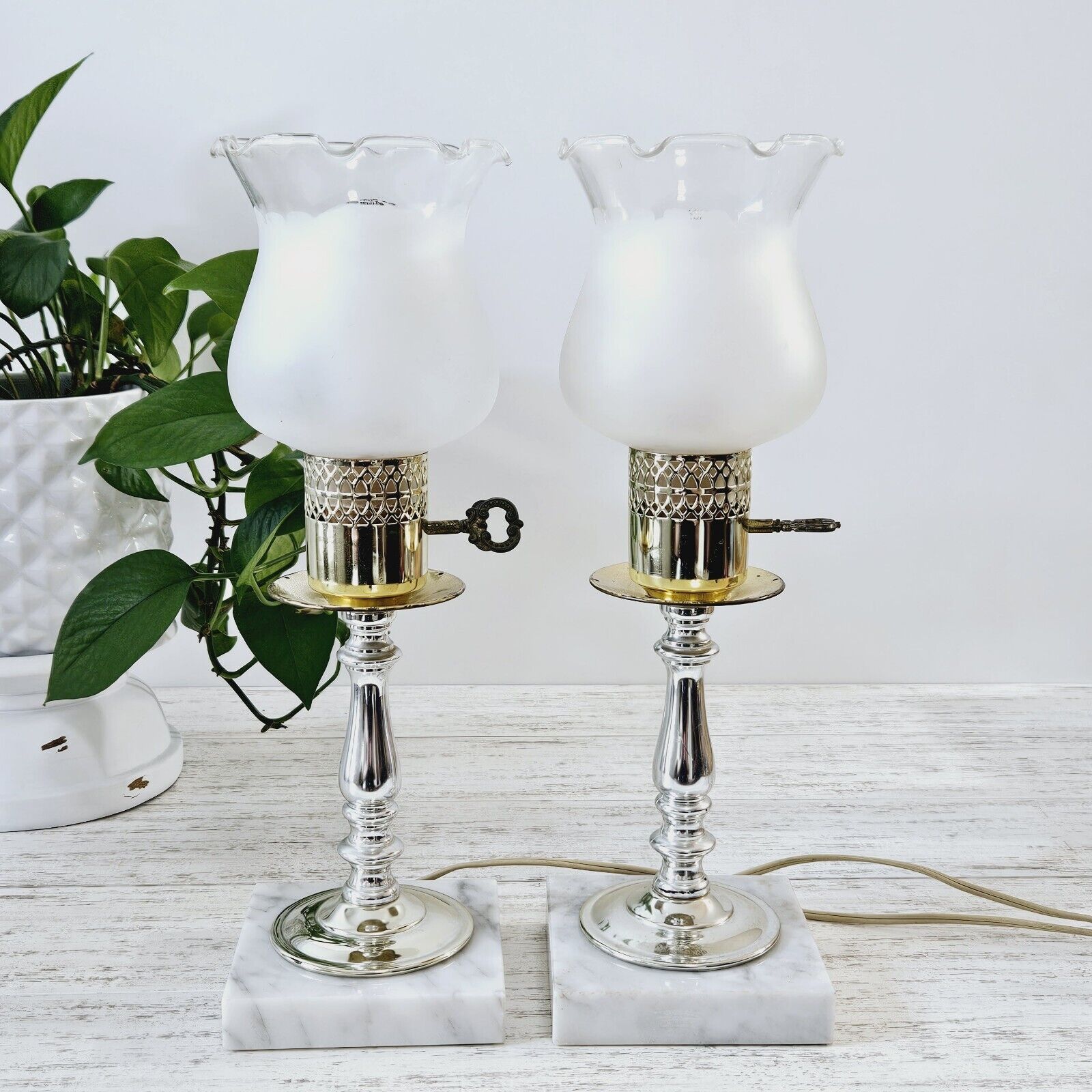 2 Vintage Lamps Table Top Molded White Glass Lamps on Marble Base