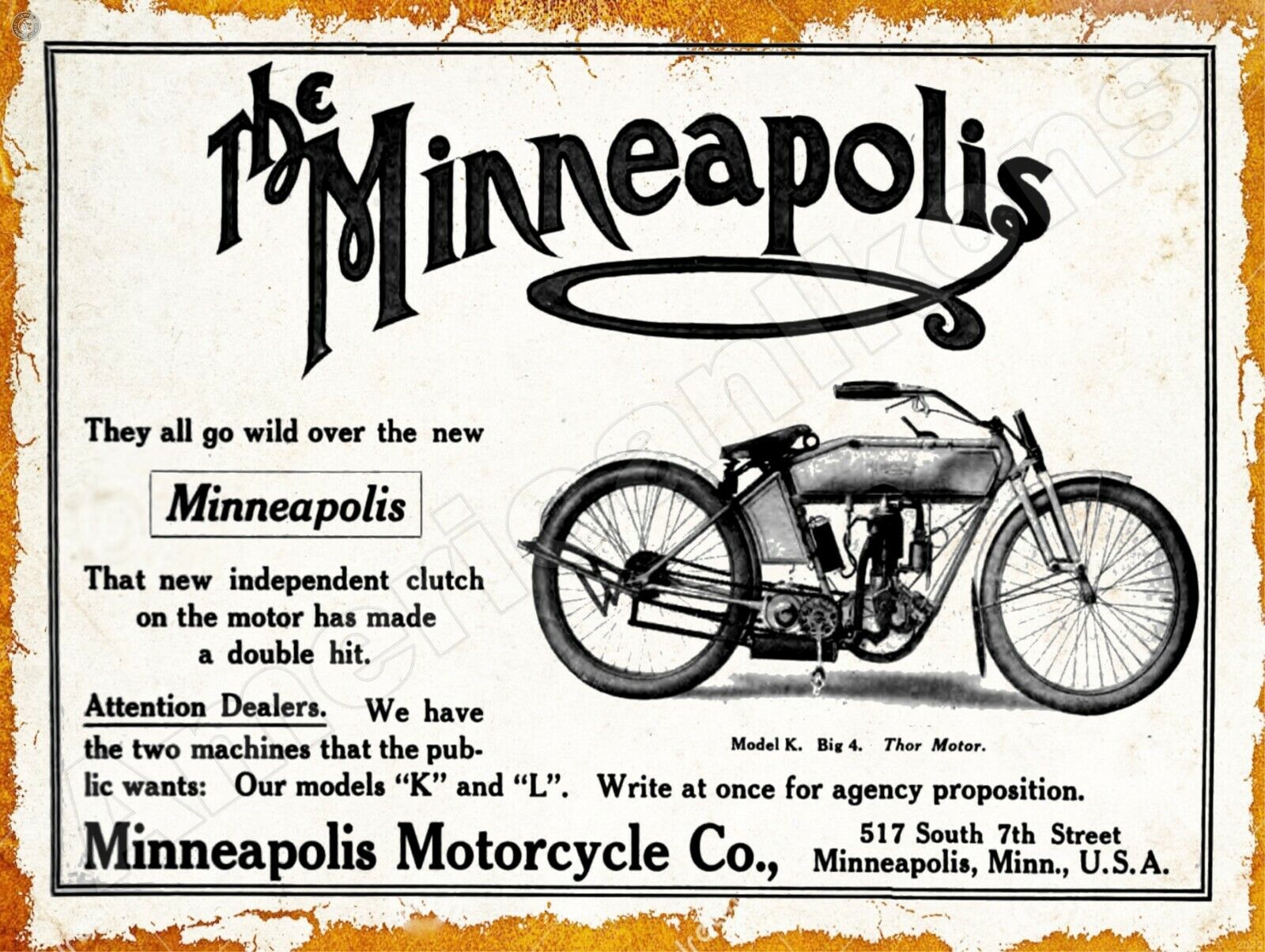 1911 Minneapolis Motorcycle New Metal Sign: Minneapolis, Minnesota - 7th Street