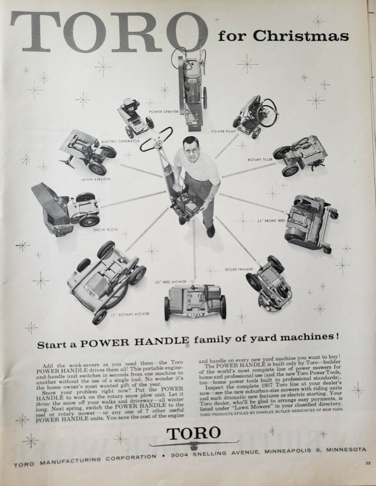 Vintage 1956 Toro Power Handle Lawn Mower Print Ad Ephemera Wall Art Decor