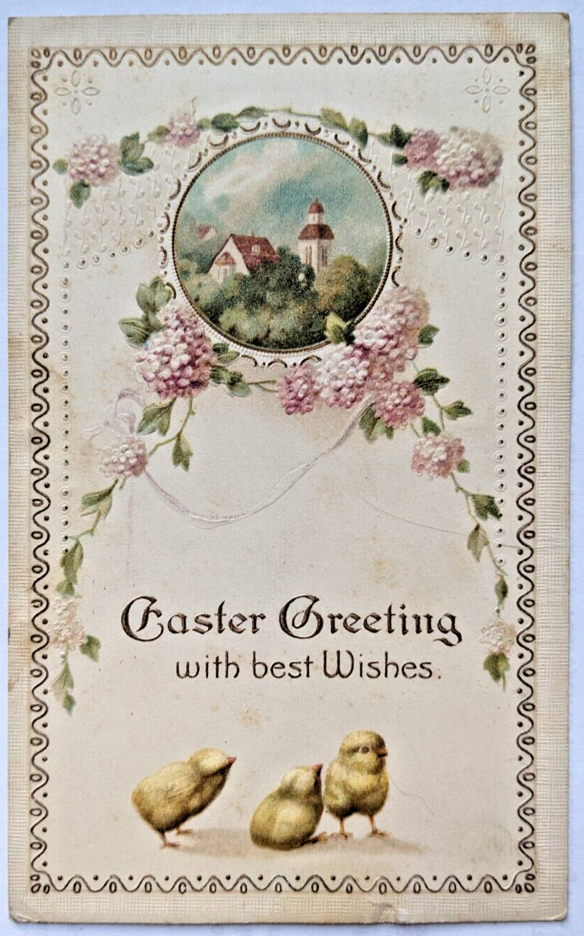 Vintage Antique Easter Postcard Cute Chicks Hydrangeas Embossed Posted 1914