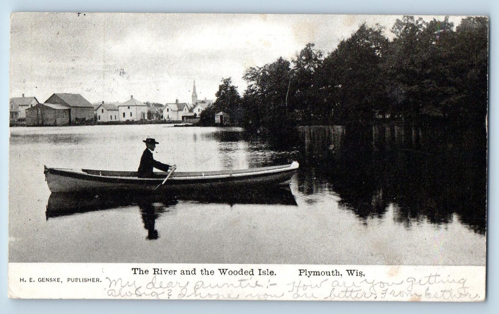 c1905 The River & The Wooded Isle Paddled Boat Grove Plymouth Wisconsin Postcard