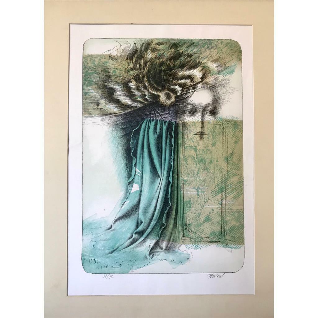 Vintage Mid Century Surrealist Lithograph of a Woman Artist Signed