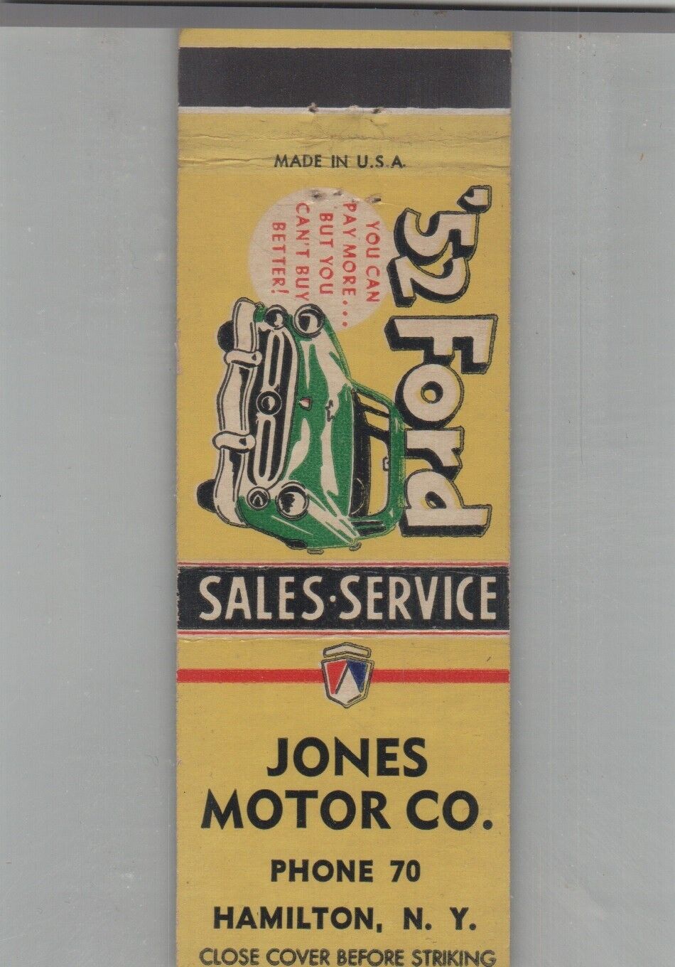 Matchbook Cover 1952 Ford Dealer Jones Motor Co. Hamilton, NY