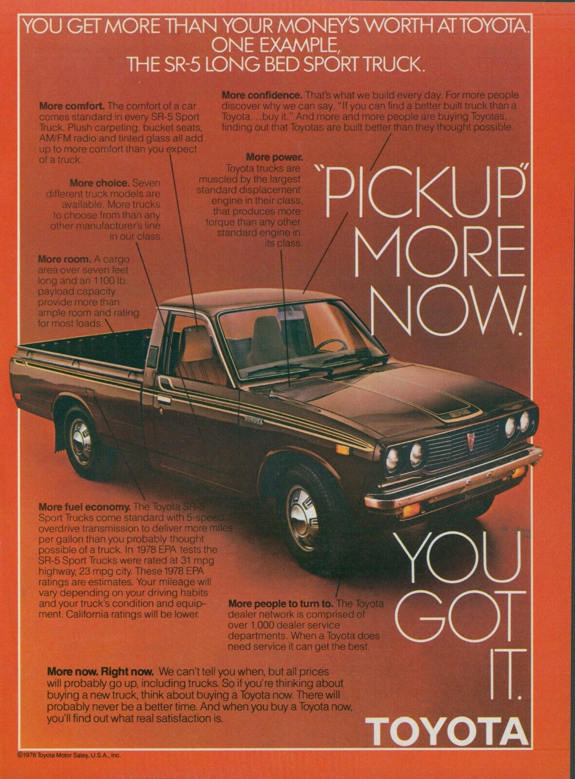 1978 Toyota SR5 Long Bed Sport Truck Pickup More Right Now Vintage Print Ad SI2