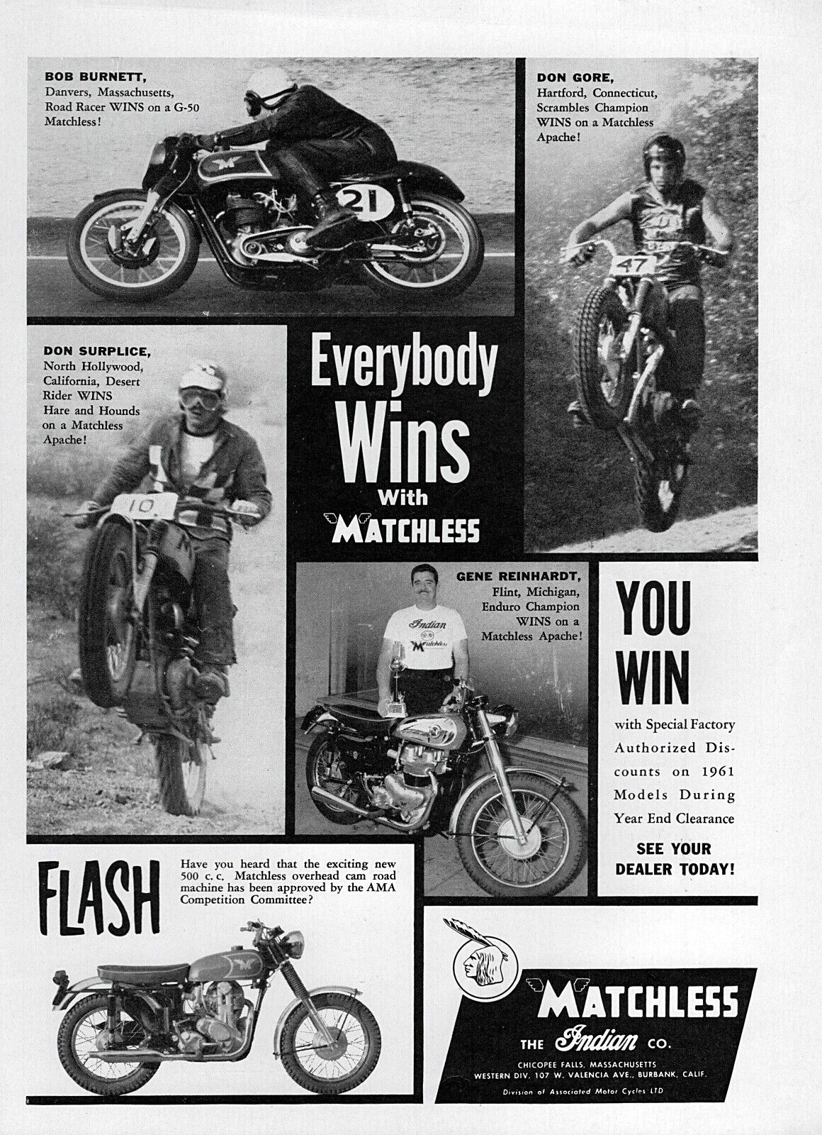 1961 Matchless G-50 & Apache Motorcycle Original Print Ad 