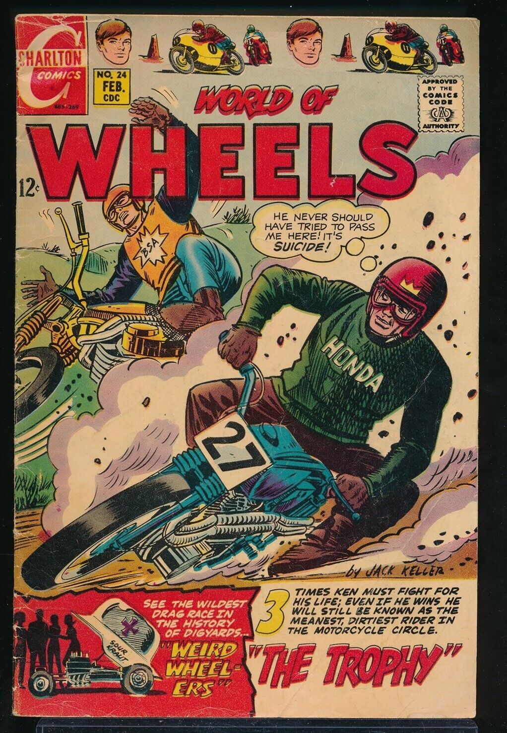 WORLD of WHEELS No. 24 1969 Charlton Motorcycle Comic Book THE TROPHY 3.5 VG-