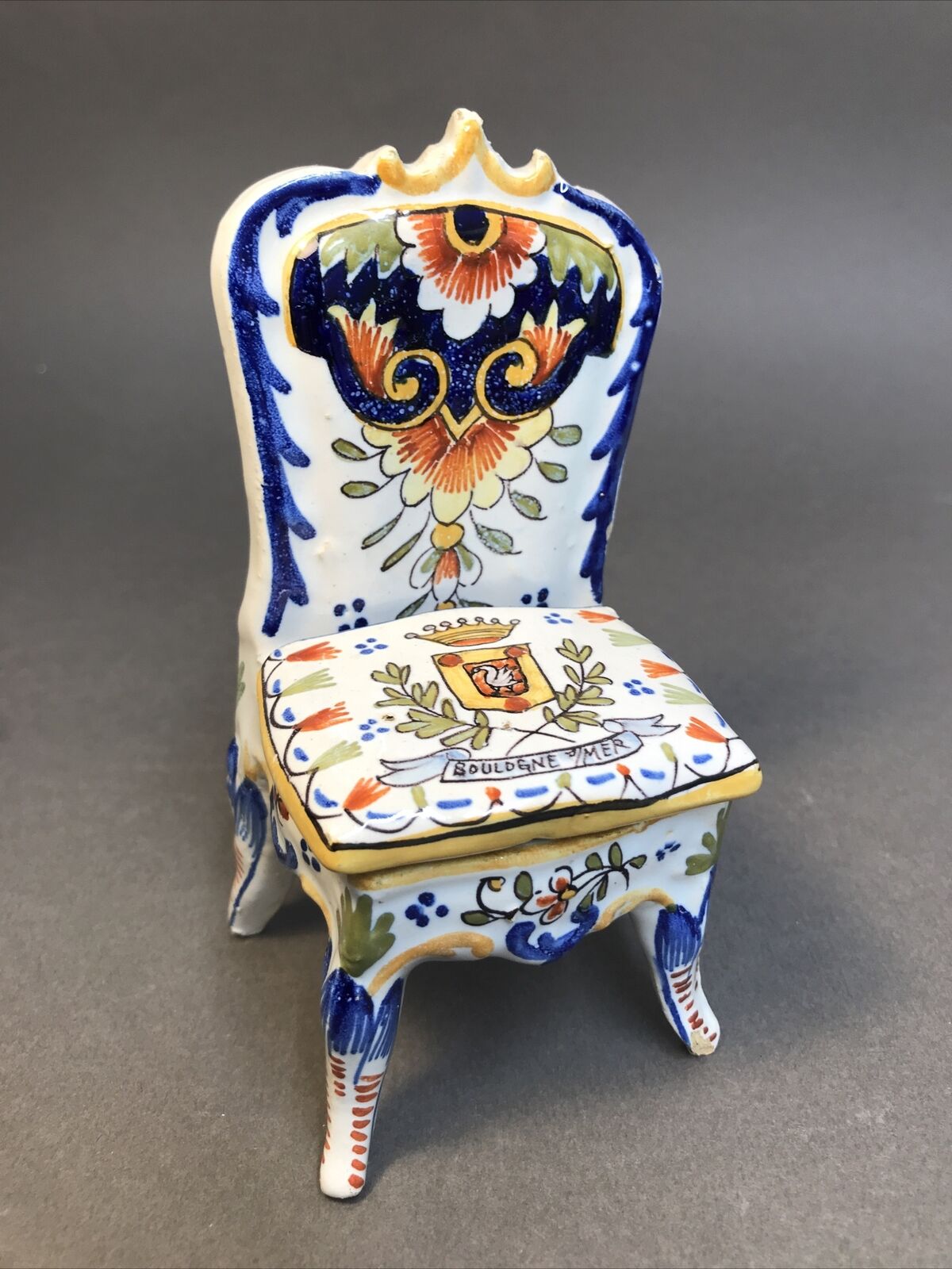 Vintage French Majolica Faience Desvres Rouen Geo Martel Trinket Box Chair
