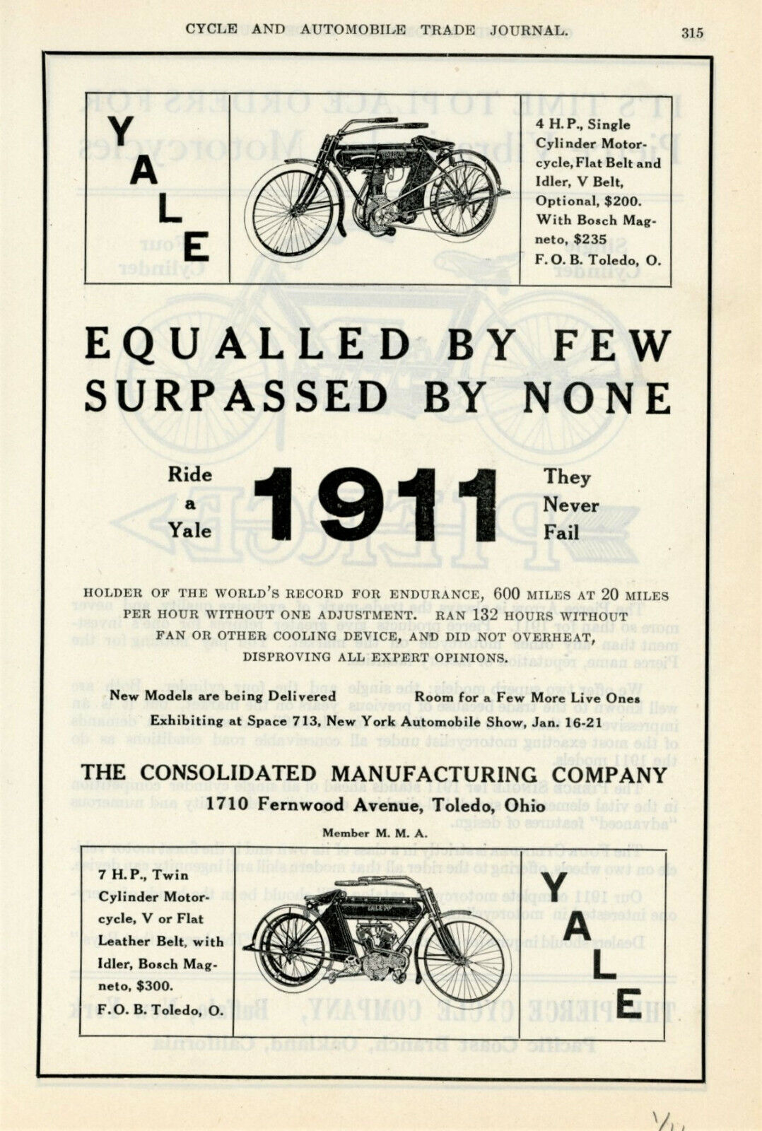 1911 Rare Vintage MOTORCYCLE Ads (2): YALE (Consolidated) & PIERCE (Buffalo NY)
