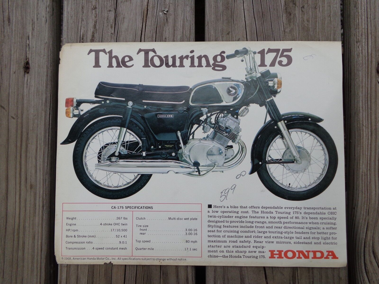 1969 Honda The Touring 175 Motorcycle Ad Advertisement Flyer Brochure