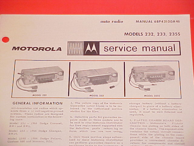 1966 DODGE CHARGER CORONET 500 CONVERTIBLE MOTOROLA AM RADIO SERVICE SHOP MANUAL