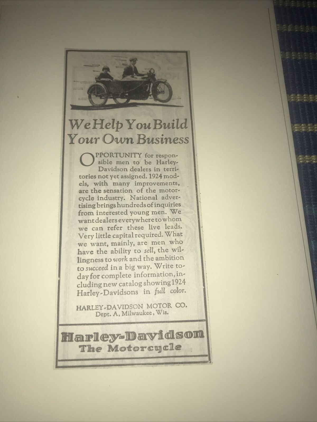 1923 Harley Davidson original Motor Cycle ad  fd3