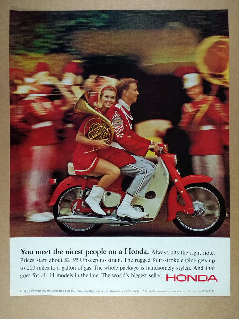 1966 Honda 50 Super Cub Motorcycle marching band photo vintage print Ad