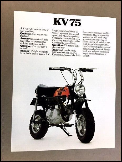 1980 Kawasaki KV75 Mini Motorcycle Bike 1-page Vintage Brochure Spec Sheet