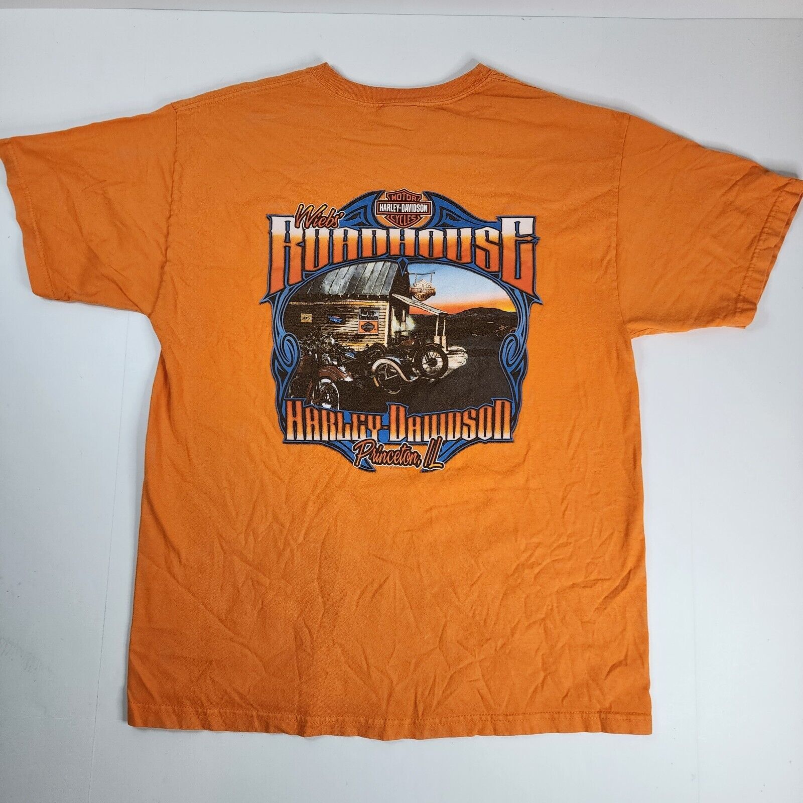 Harley Davidson Men Size L T Shirt Princeton Il 2008 Orange webbs Roadhouse