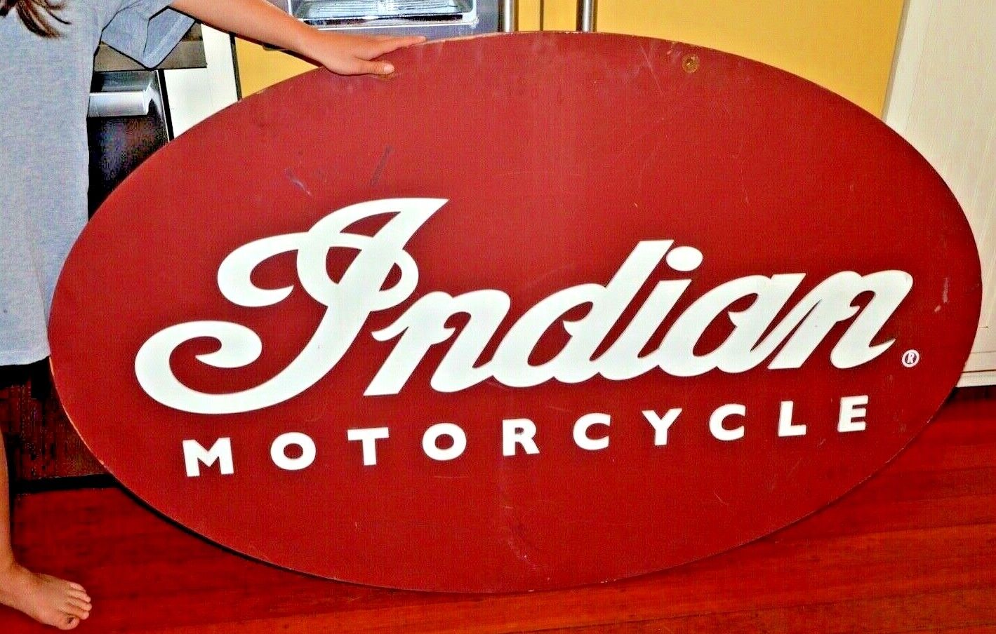 VTG HUGE INDIAN MOTORCYCLES DEALERERSHIP 2-SIDED EMBOSSED WOODEN SIGN 60\