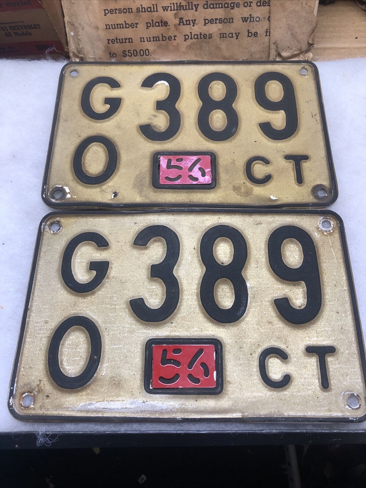 1956 Connecticut License Plates GO 389 Pair With Envelope