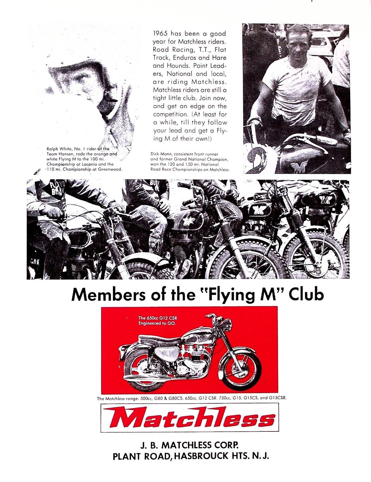 1965 Matchless Dick Mann Ralph White 650cc G12 CSR - Vintage Motorcycle Ad