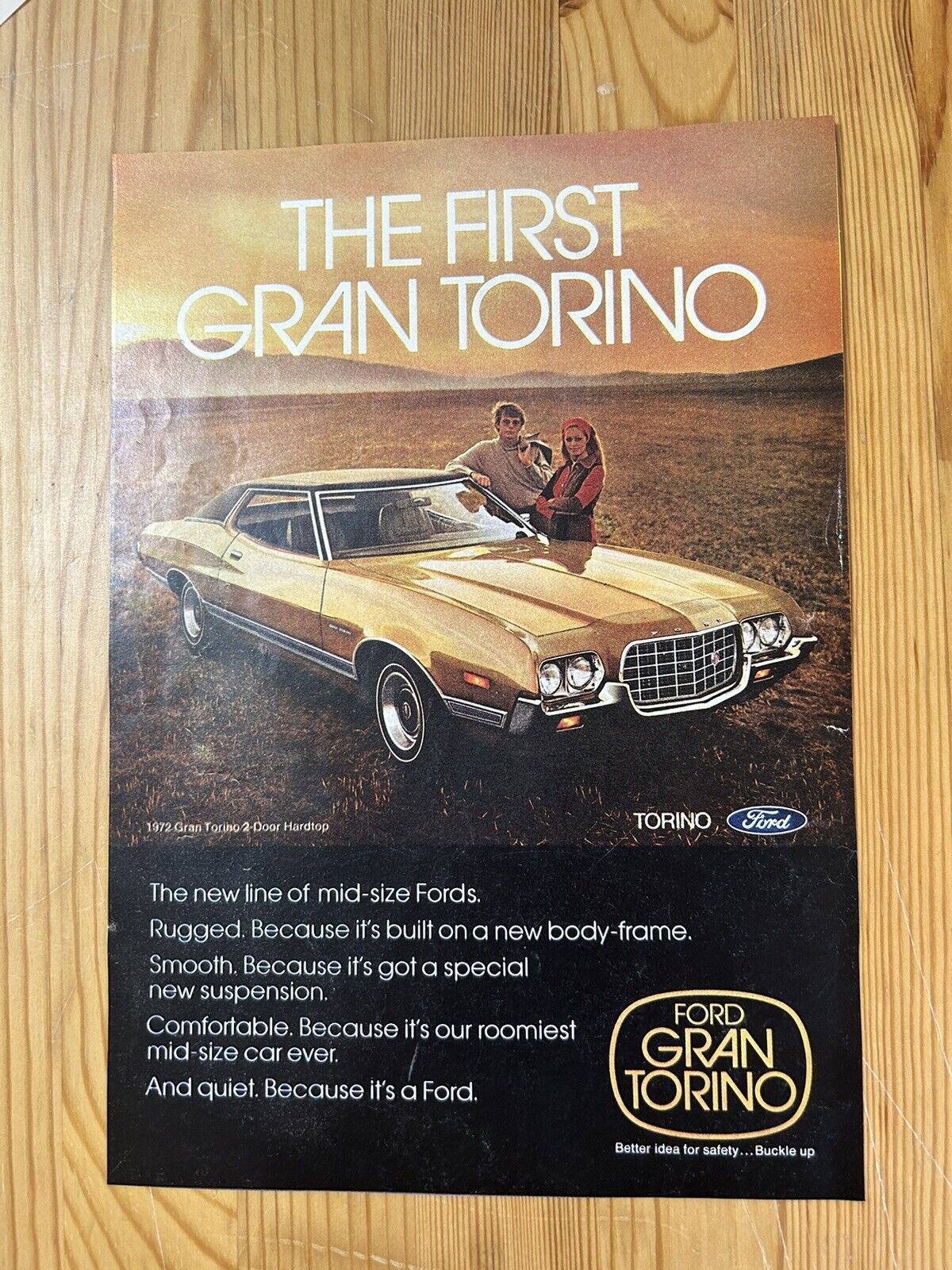 1972 Ford Gran Torino Hardtop Vintage Print Ad Couple Sunset Wall Art  7”x10”