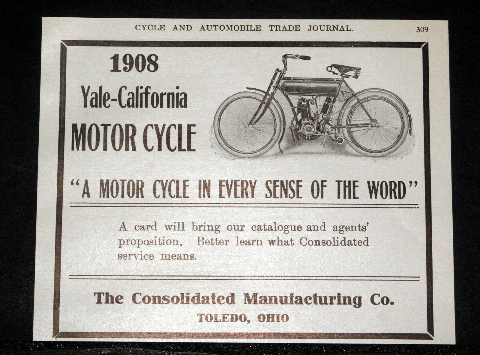 1907 OLD MAGAZINE PRINT AD, 1908 YALE-CALIFORNIA MOTOR CYCLE, IN EVERY SENSE