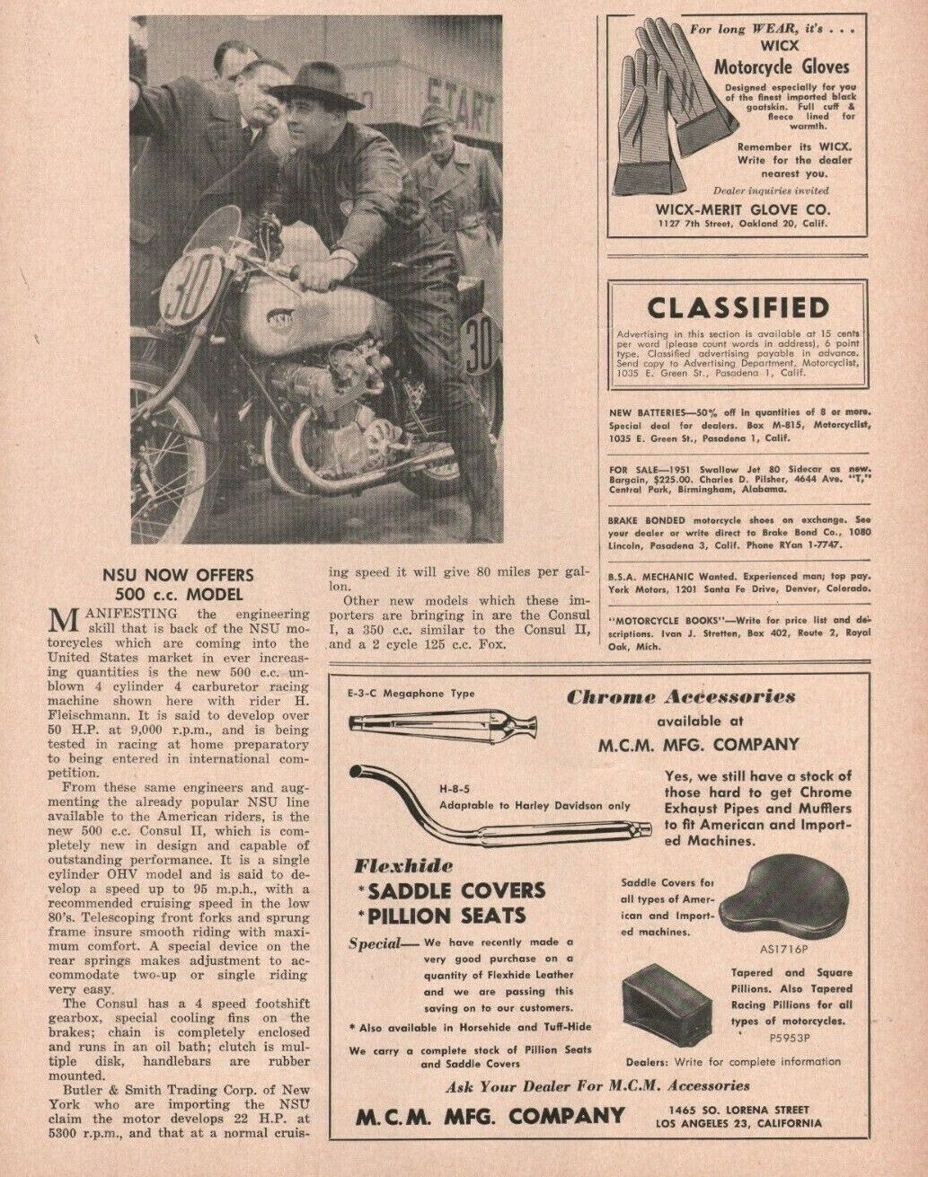 1951 NSU Consul II - 1-Page Vintage Motorcycle Article