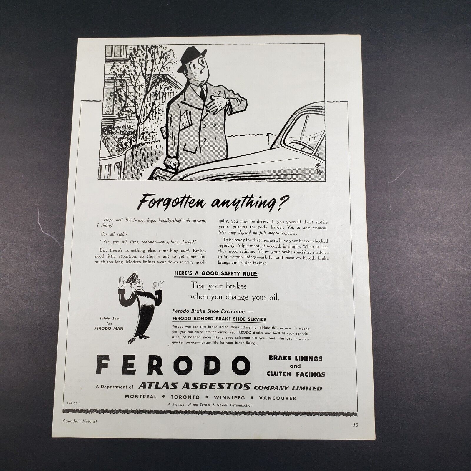 1952 Print Ferodo Brake Linings Clutch Facings Forgotten Anything   AD1-6