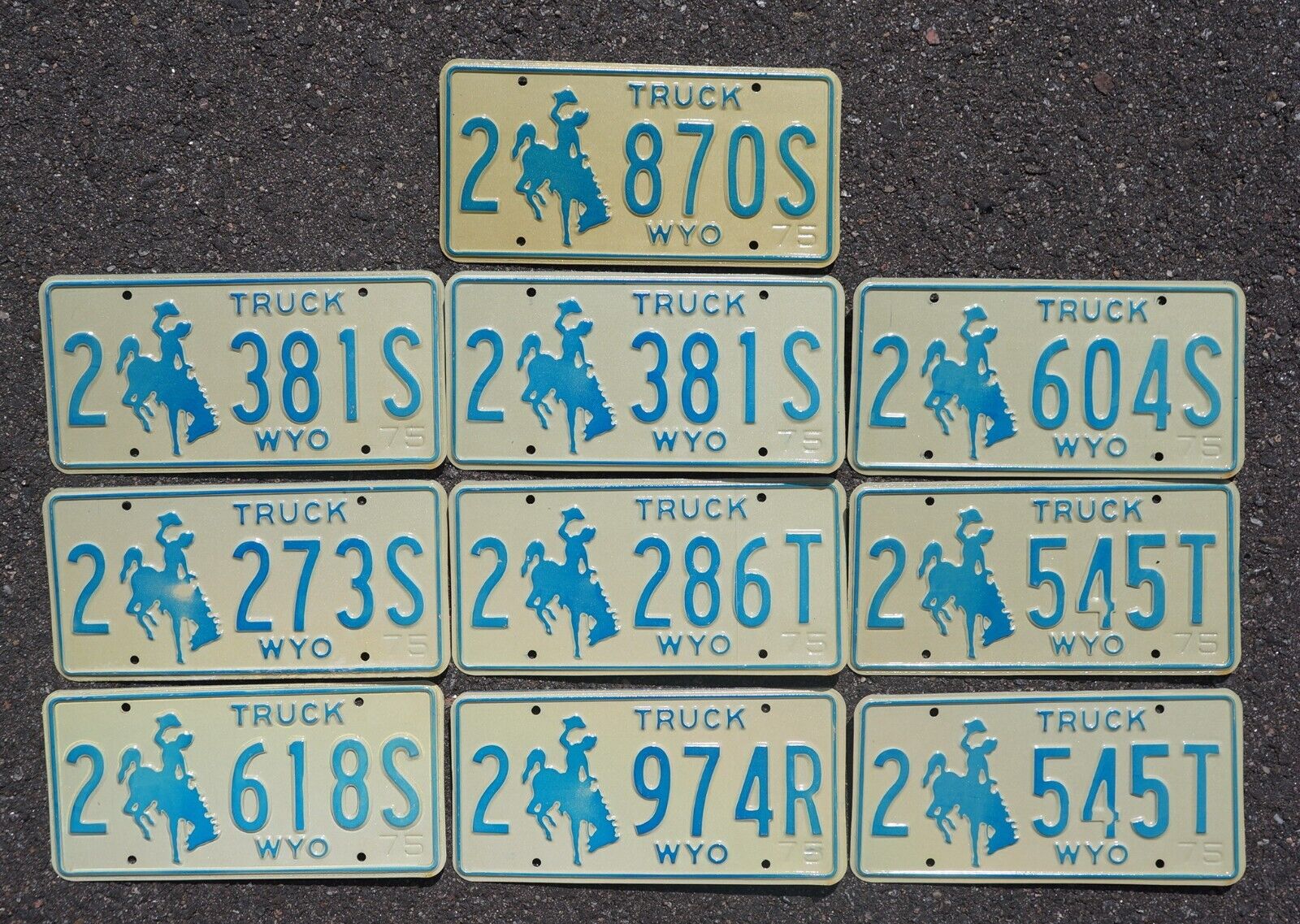 1975 WYOMING TRUCK LICENSE PLATE - LOT OF 10 - NICE QUALITY COWBOY PLATES