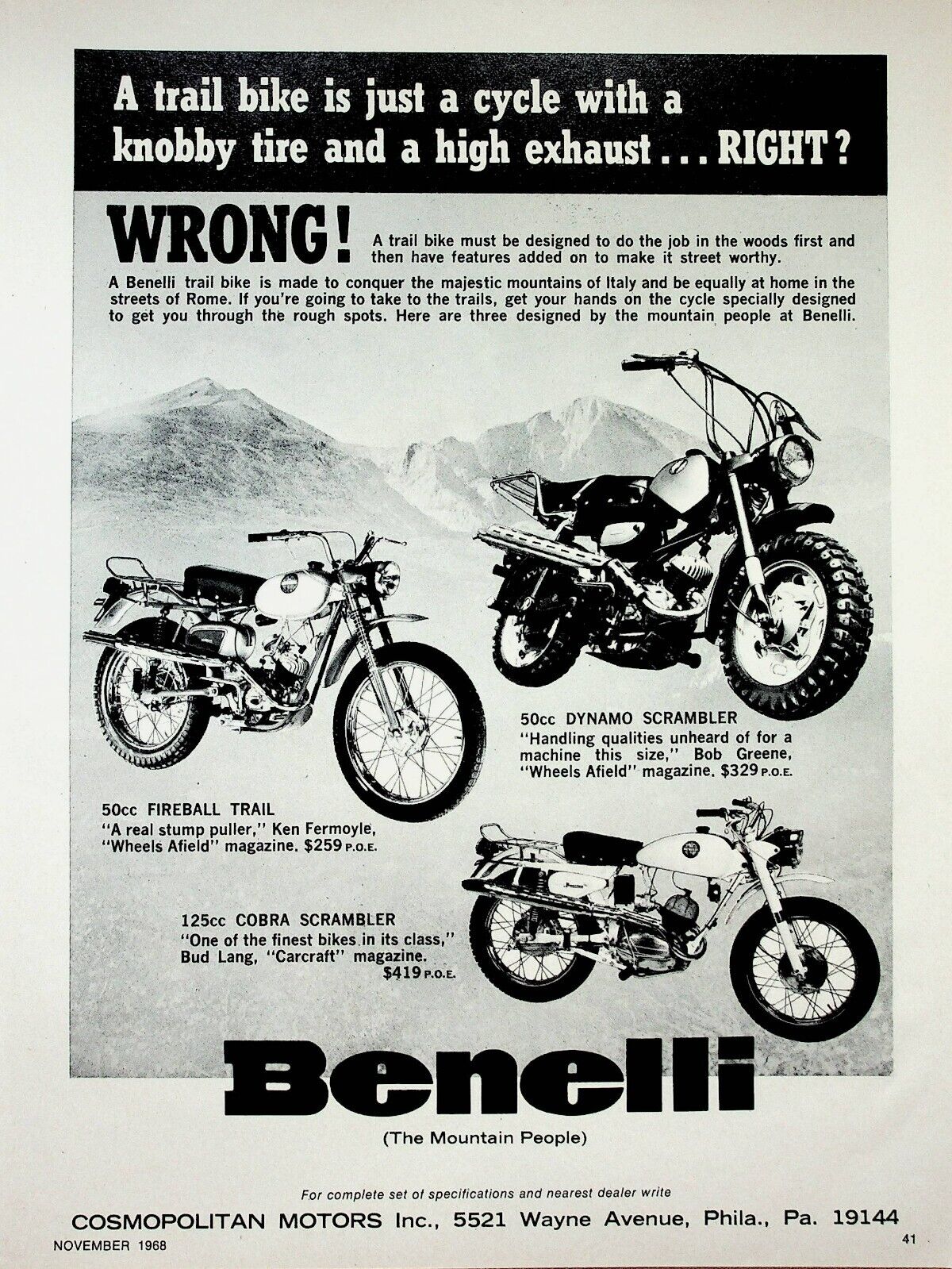 1968 Benelli Dynamo Fireball Cobra Scrambler - Vintage Motorcycle Ad