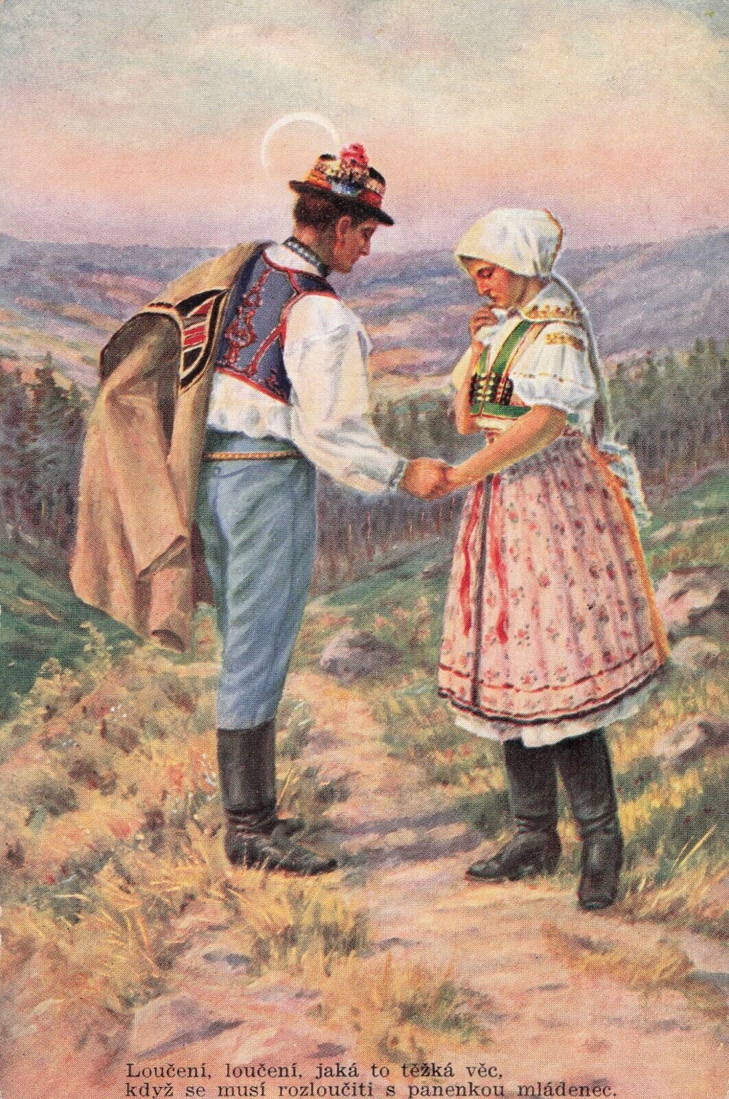 Artist card E. Kubicka Czech Couple in Ethnic Dress Say Goodbye Vintage Postcard