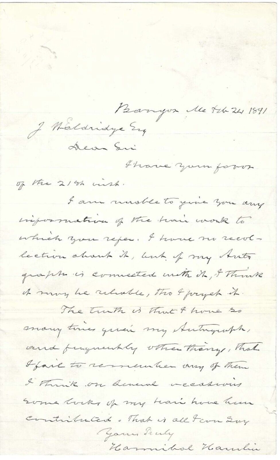 Lincoln Vice President Hamlin Responds To Collector's Request For His Hair