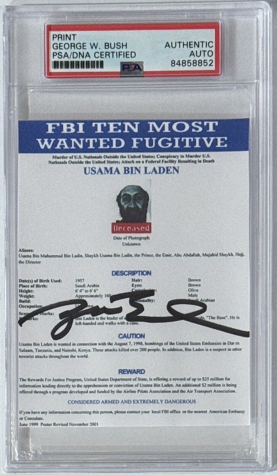 PRESIDENT GEORGE W BUSH SIGNED OSAMA BIN LADEN WANTED POSTER PSA DNA AUTOGRAPH