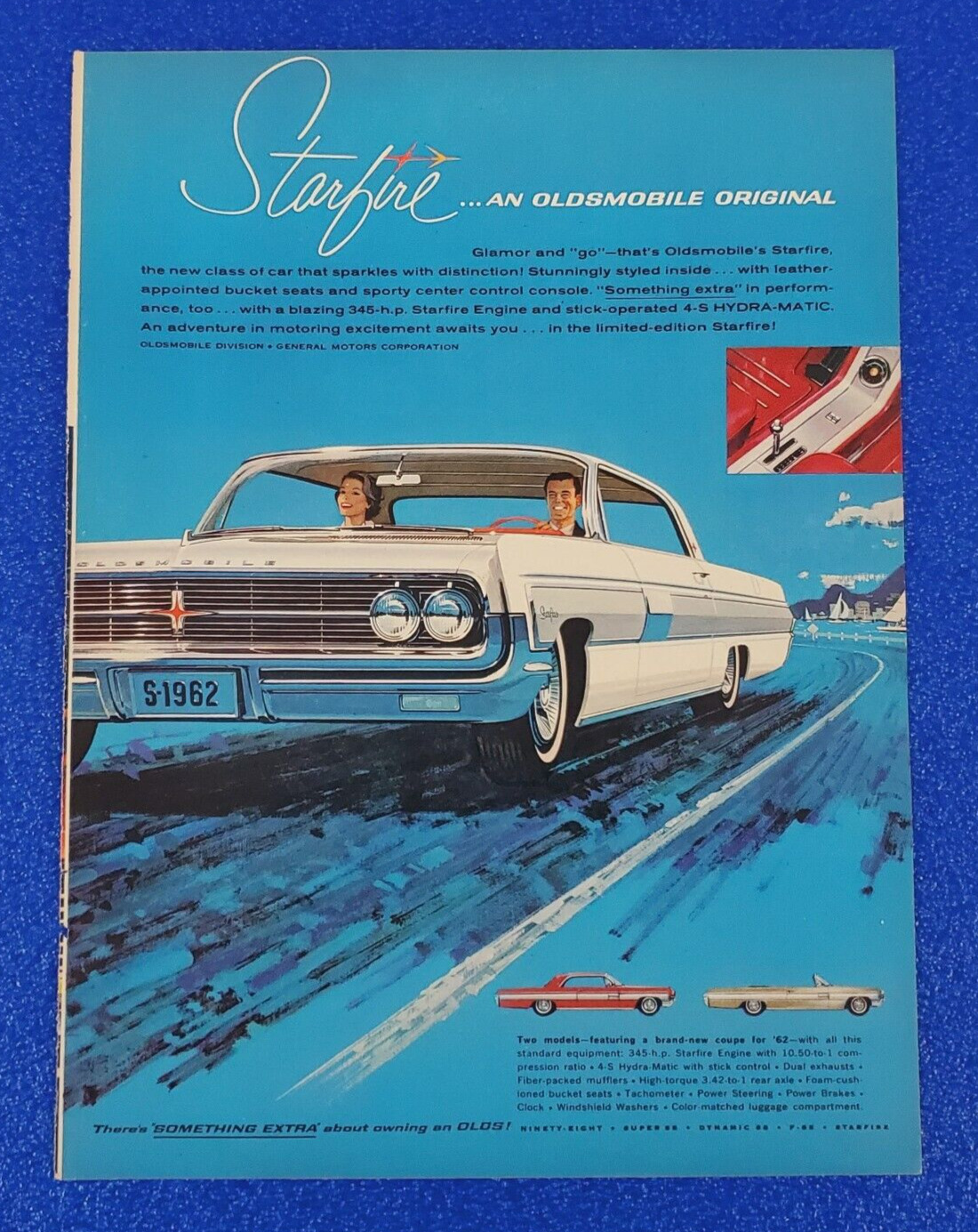 1962 OLDSMOBILE STARFIRE ORIGINAL OLDS PRINT AD SHIPS FREE CLASSIC WHITE ON BLUE