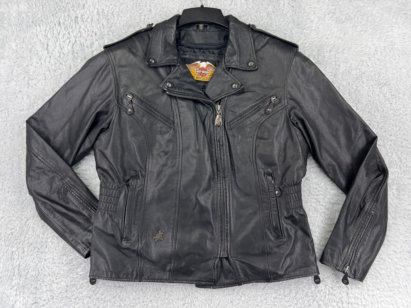 Harley Davidson Jacket Womens Medium Black Leather Biker Quilted Polyester Lined