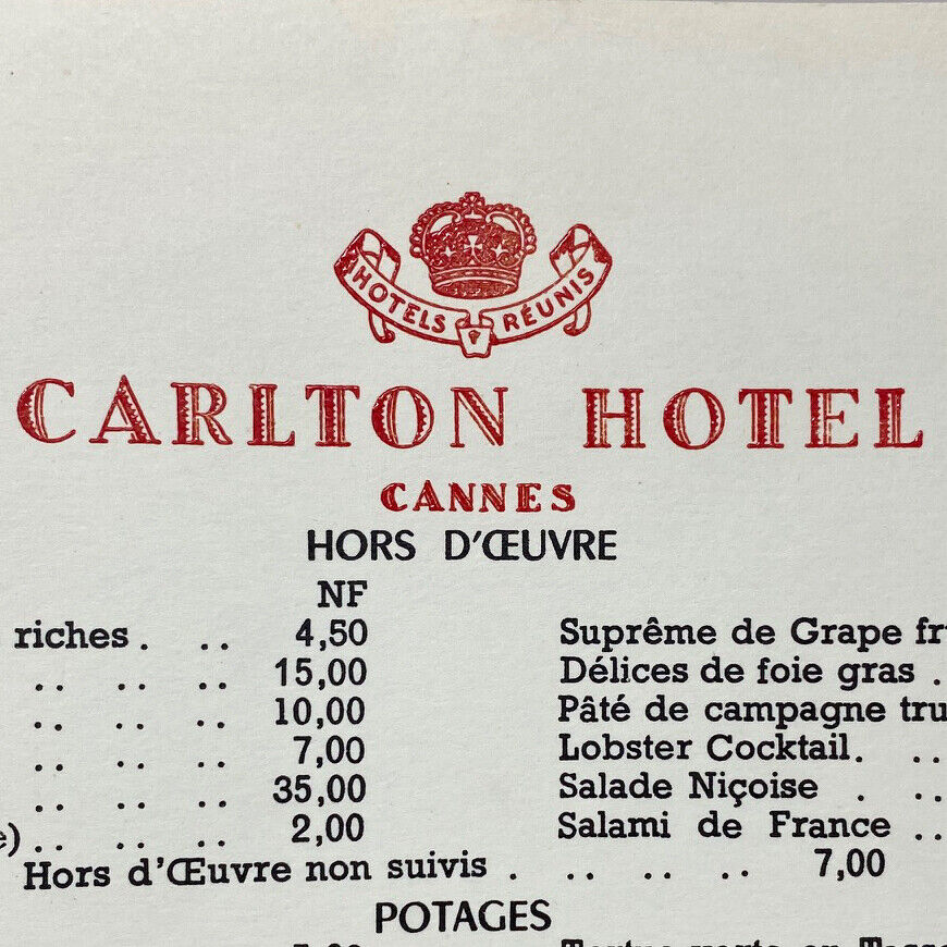 Original Vintage 1960s Carlton Hotel Restaurant Menu Cannes France
