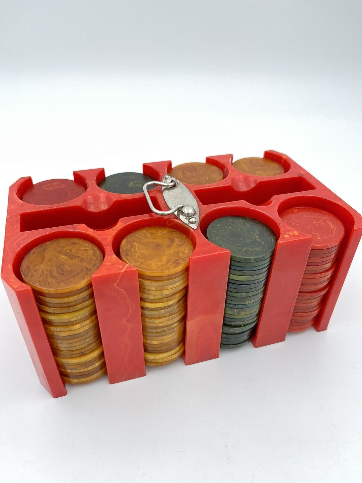 Vintage Red Bakelite Catalin Poker Chip Caddy - Yellow/Green/Red Swirled Chips