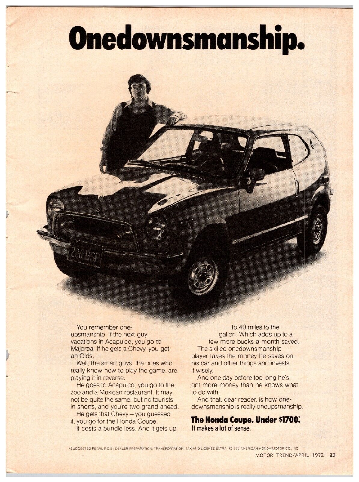 Original 1972 Honda Coupe Car - Original Print Ad (8x11) - Advertisement