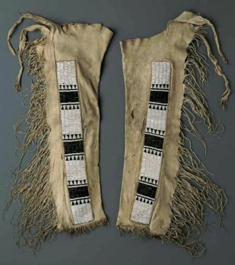 Old Antique Style Suede Leather Handmade Fringes Sioux Beaded Chaps Legggings