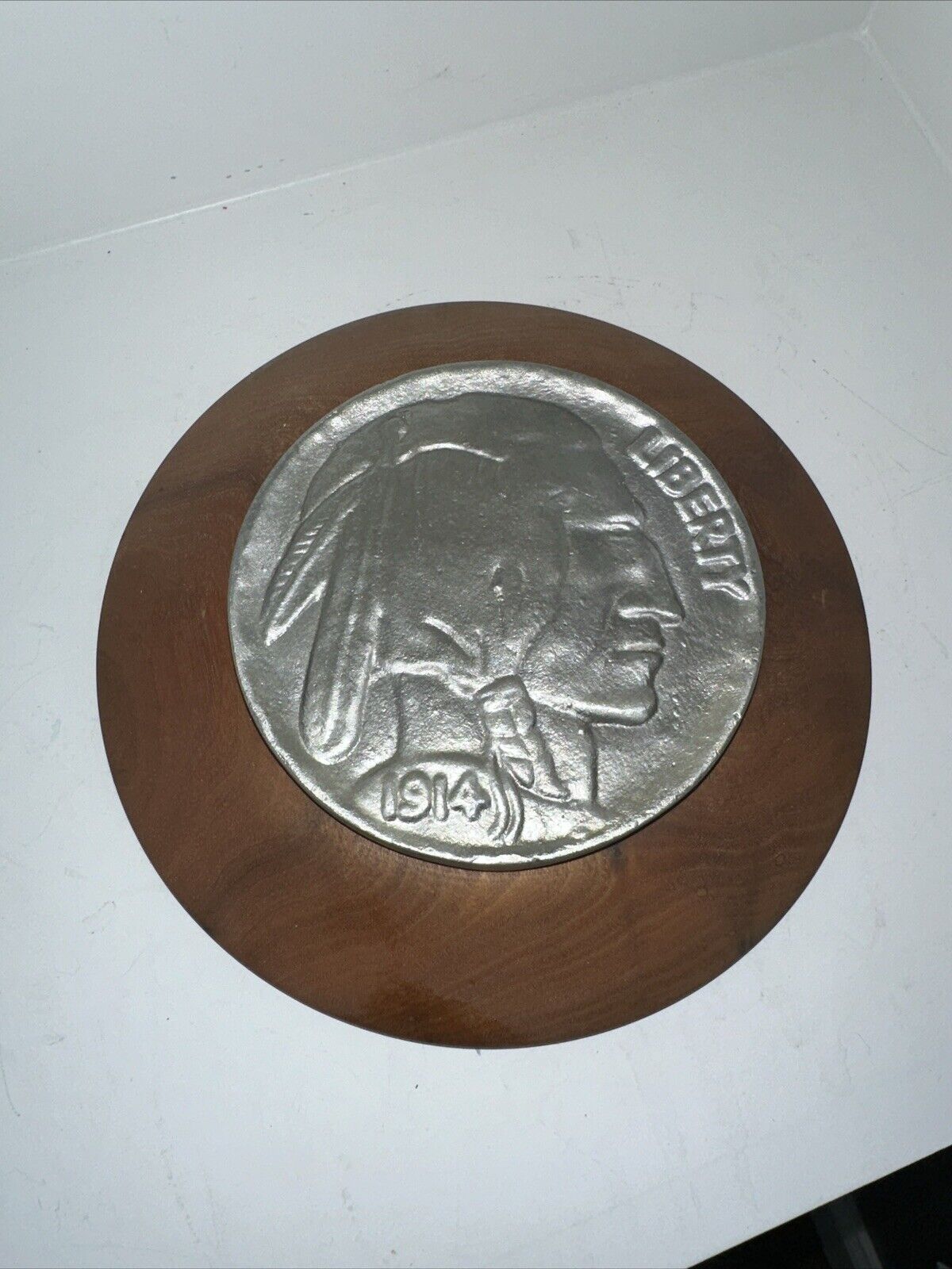 9 In Carved Wood Buffalo Nickel Coin Native American 1914 Folk Art GREAT ARTWORK