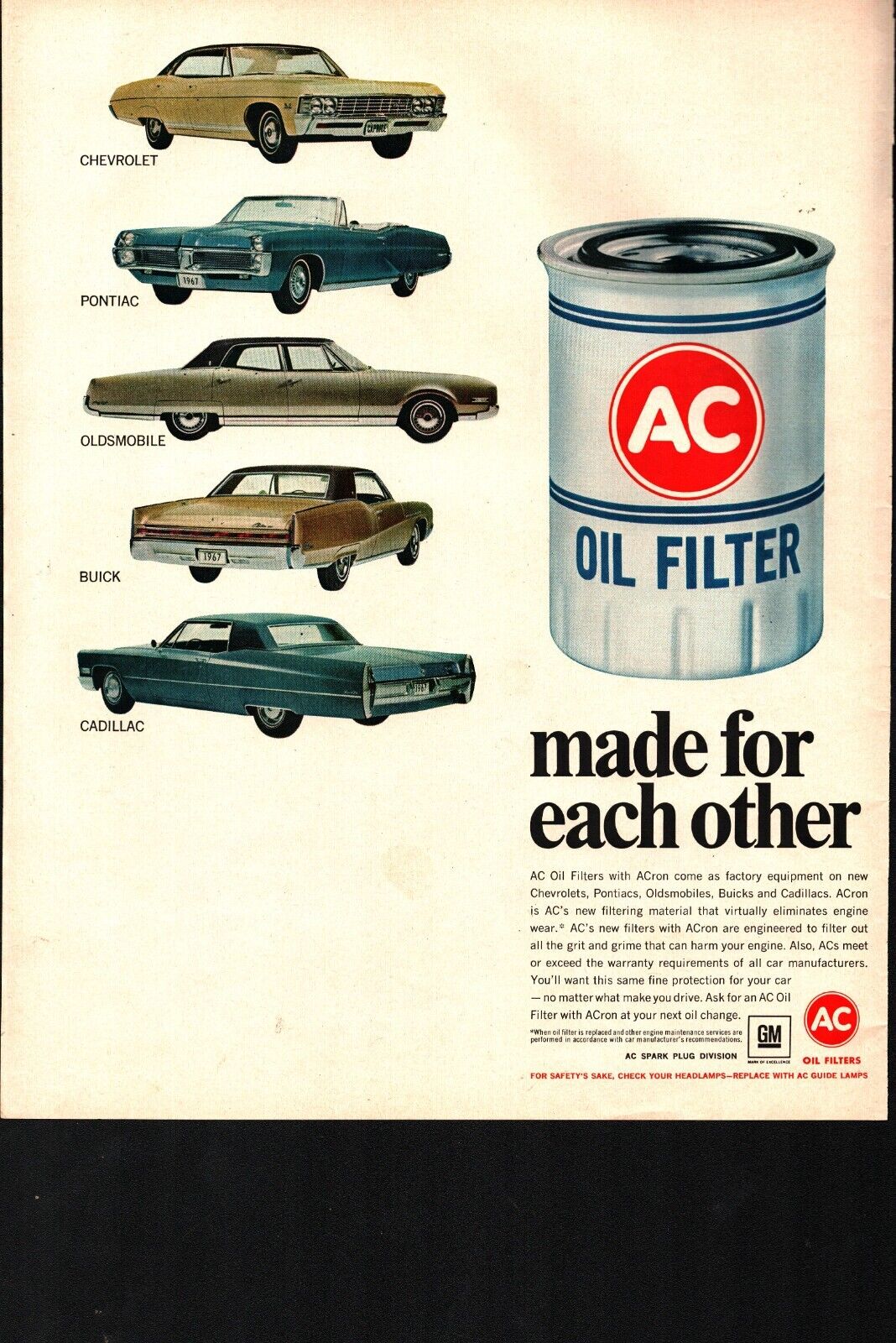 1967 AC Oil Filter Made For Each Other Chevy Cadillac Buick Full Page Print Ad