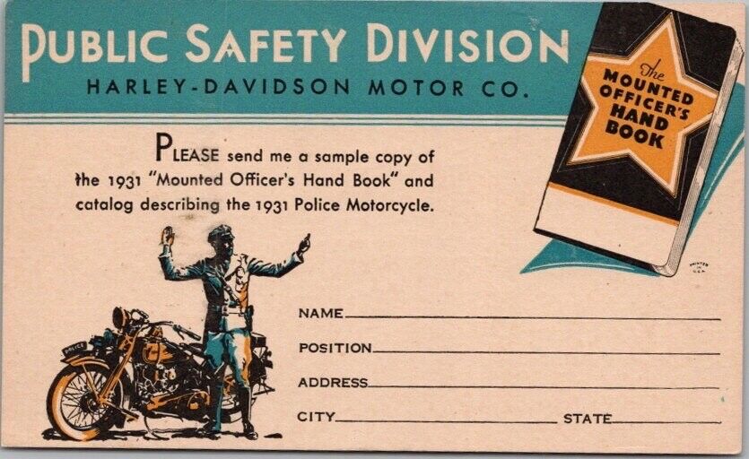 1931 HARLEY-DAVIDSON POLICE MOTORCYCLE Advertising Postcard Hand Book Order Form