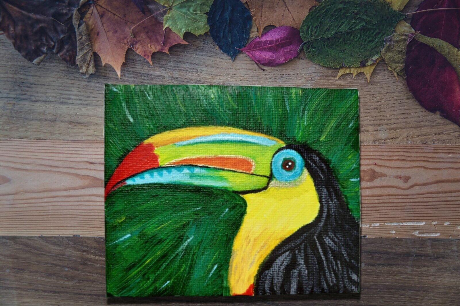 Toucan exotic bird orignal acrylic small painting with an easel