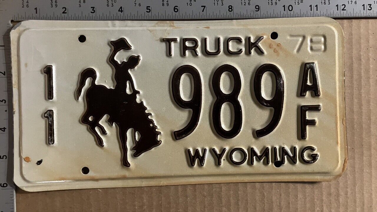 1978 Wyoming truck license plate 11 989 AF YOM DMV Park for your PICKUP 13576