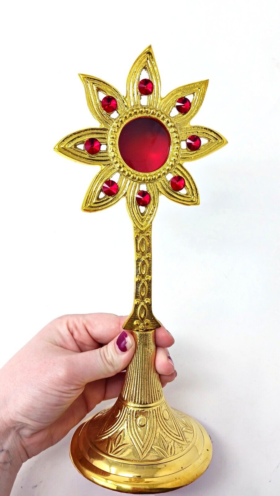 High Polished Brass Sunburst Rhinestone Personal Reliquary for Churches 10.75 In