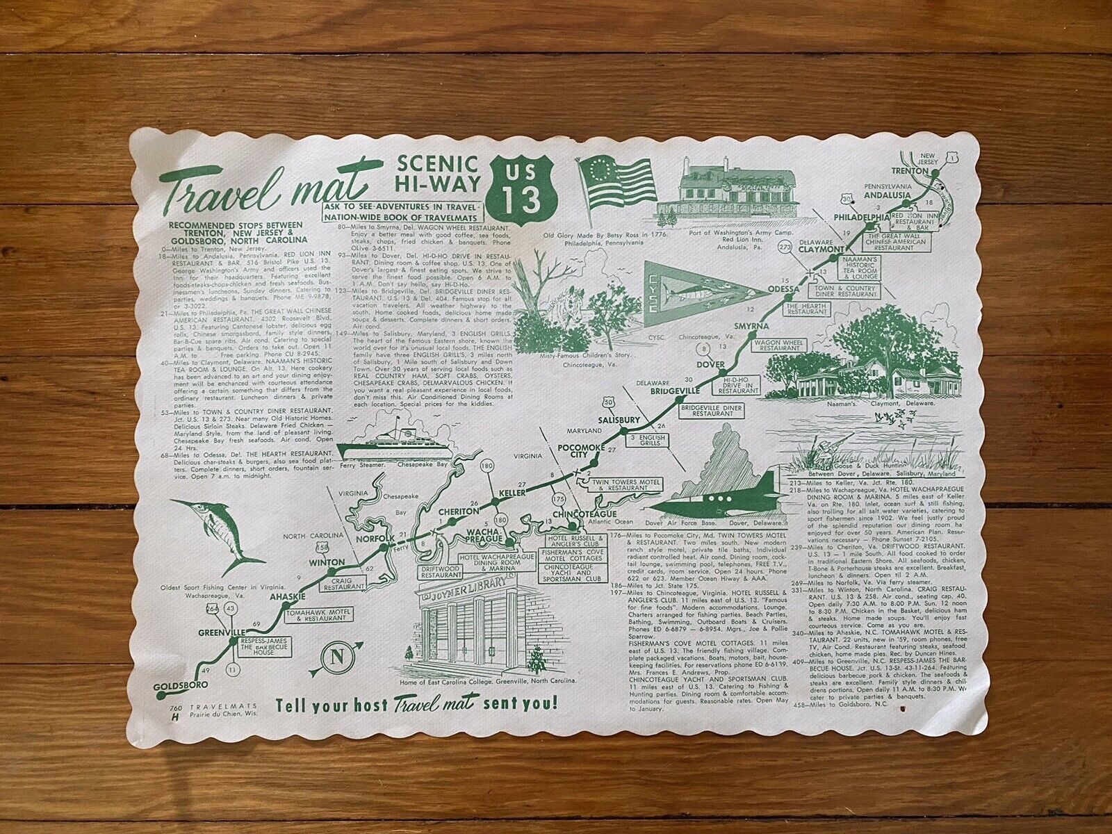 Vintage Hi-Way US 13 Placemat Travelmat Scenic Souvenir Paper Travel Map ESVA