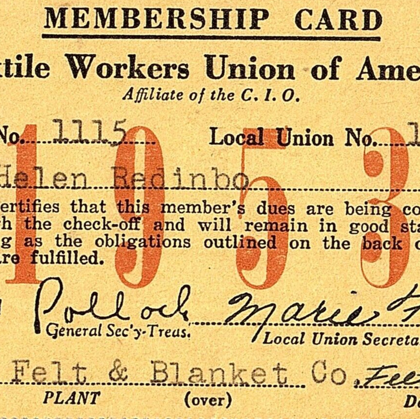 1953 Textile Workers Union America Membership Card 199 Orr Felt & Blanket AFLCIO