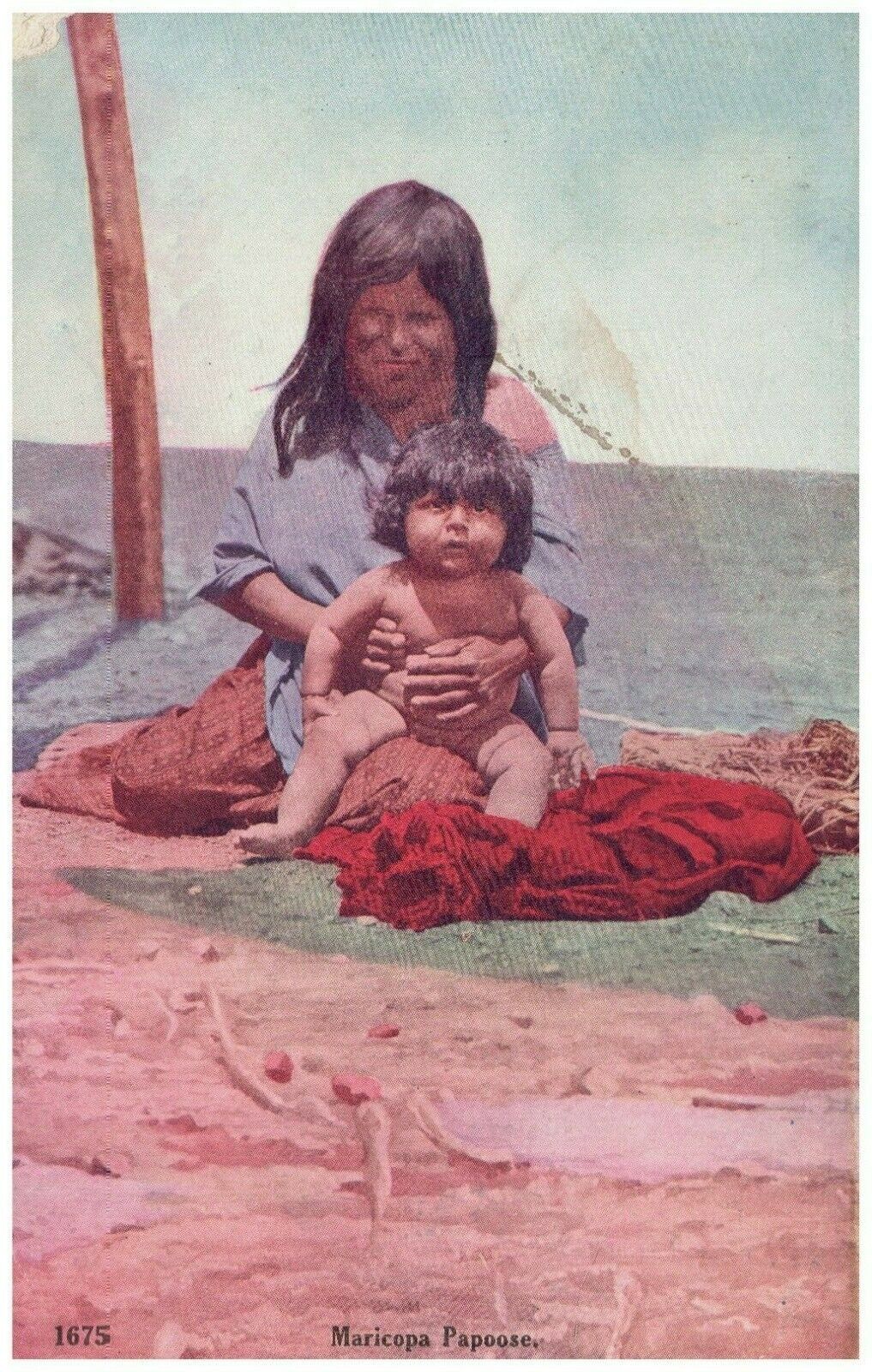 Maricopa Papoose Native American Indian Woman & Naked Baby 1912 Postcard