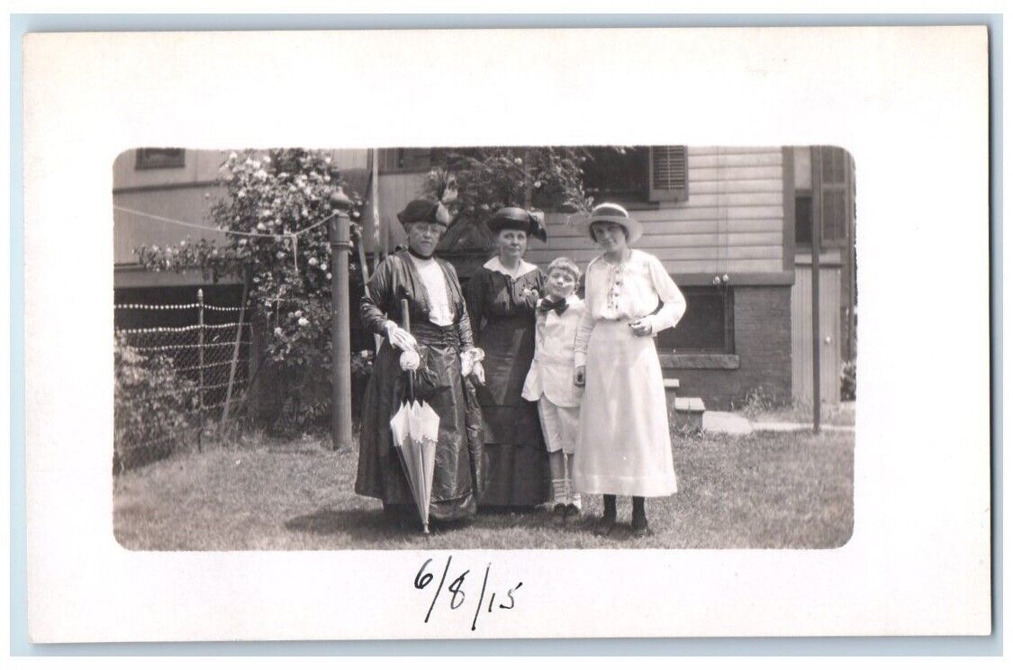 1915 Old Women Boy Hat Umbrella Bow Tie New Providence NJ RPPC Photo Postcard